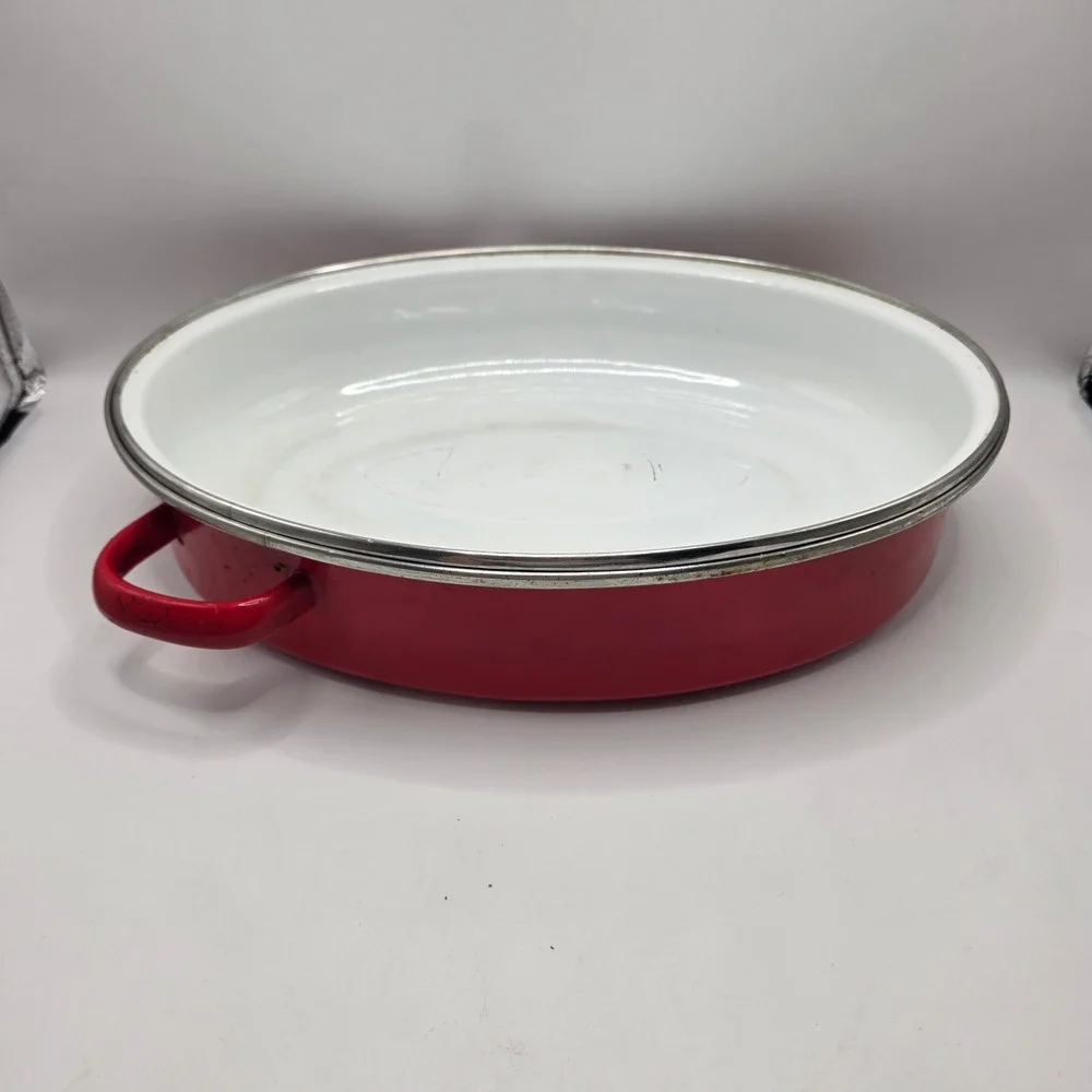 Vintage Red Enamel Roasting Pan Oval Lid Farmhouse Rustic Decor Primitive Roast